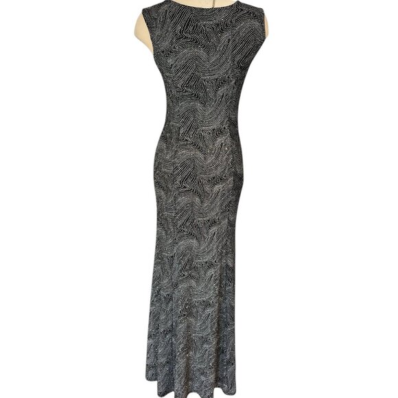 OLIVIA MATTHEWS Long Gown Size Medium Glittery Fabric Bodycon Plunge Flare Hem - Picture 7 of 13